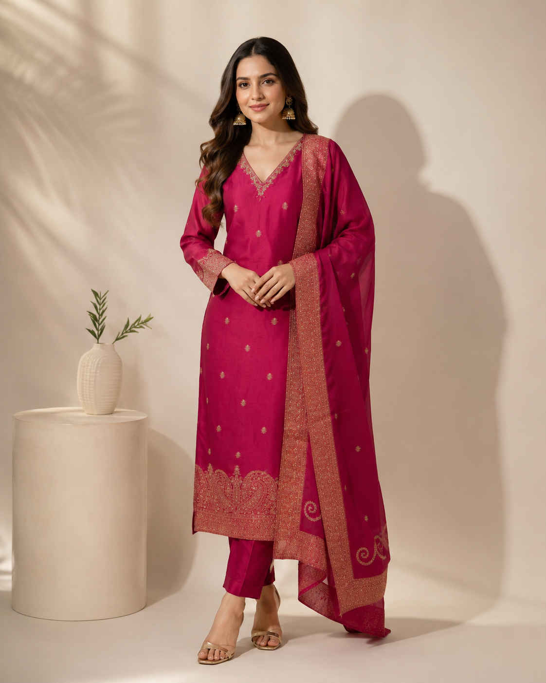 Magenta pink Silk Zari Work Kurta Set with Dupatta